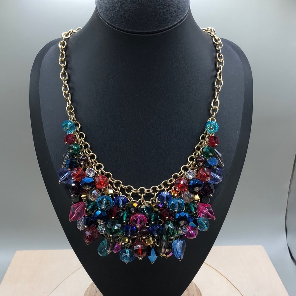 Gold tone colorful dazzling crystals chainmail bib necklace statement style. - Picture 3 of 6